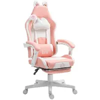 HOMCOM Pelituoli kissankorvilla, kallistettava selkänoja, ulosvedettävä jalkatuki, jopa 120 kg, Pinkki/Valkoinen