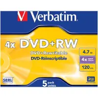 Verbatim DVD+RW, 4x, 4,7 GB/120 min, 5-pack jewel case, SERL