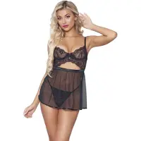 Seven Til' Midnight Plus Size Pitsinen Mesh-babydollsetti Stringeillä - Musta - 3XL/4XL