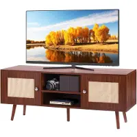 Vevor rottinki-TV-taso, boheemi TV-kaappi 55 tuuman televisiolle, 1900-luvun puolivälin moderni TV-taso, rottinki-TV-konsoli säädettävillä hyllyillä olohuoneeseen, mediahuoneeseen, pähkinäpuu