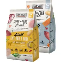 Mac'S 1,5kg+6x200 paketti kuiva ja Adult Duck, Turkey & Chicken Kissanruoka