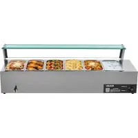 Vevor -ammattimainen ruoanlämmitin, 1500 W:n sähköinen ruostumattomasta teräksestä valmistettu höyrylämmitin lasikannella, 6 x 1/3-kokoista pannua, buffet-vesipata keitto- ja rei'itettyjen kauhojen kan