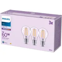 Philips Hehkulankalamppu, kirkas 60W A60 E27 x3, 7 W, 60 W, E27, 850 lm, 15000 h, Viileä valkoinen