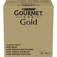 Purina 96x85g Chunks in Gravy nauta, kana ja maksa, lohi ja kana & kalkkuna ja ankka Gold märkäruoka kissoille