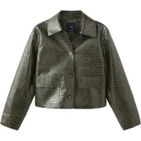 Mango Croc-Effect Faux Leather Jacket - Khaki green - S