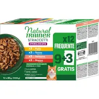 NATURAL TRAINER Sekoituspakkaus 4 lajia Straccetti Adult Sterilised -suikaleet kastikkeessa, kissan märkäruoka