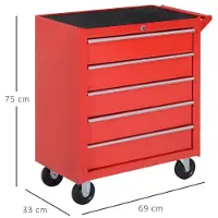 Hobby Hall DURHAND työpajavaunu pyörillä, työkaluvaunu 5 laatikolla, lukittava vaunu EVA-matolla, siirrettävä kokoonpanovaunu, max. kuormitus 150 kg, teräs, punainen, Raudona