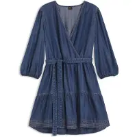 BOSS for woman. 50559071 Denim effect crossover dress with blue balloon sleeves (44), Casual, 3/4 Sleeve