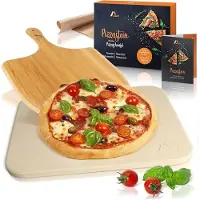 Hobby Hall Amazy-leivontakivisarja puisen pizzalapion ja paistopellin kanssa, 38 x 30 x 1,5 cm, kerma, Kepimo akmens, medinio kastuvo ir kepimo skardos rinkinys, „Amazy“, 38 cm x 30 cm x 1,5 cm, kreminės sp