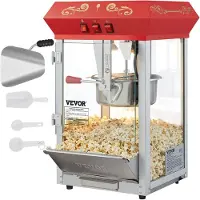 Vevor -popcorn-kone, 850 W:n popcorn-popper-kone, 8 unssin vedenkeitin, tekee 48 kuppia erässä, pöytämallinen popcorn-kone karkaistulla lasilla, sisältää 4 kauhaa, elokuvateatterityylinen, punainen