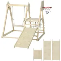 Hobby Hall 5-in-1 sisäleikkipaikka liukumäellä, keinulla, kiipeilyverkolla, koripallokorilla, kokoontaitettava, 3-6 vuotta, luonnonpuu