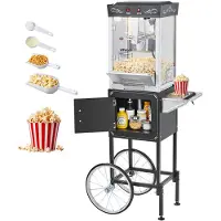 Vevor -popcorn-kone kärryllä, 0,2 kg ruostumattomasta teräksestä valmistettu vedenkeitin, 800 W:n ammattimainen popcorn-kone, 48 kupillista erässä, teatterityylinen popperi, 2-painikkeinen ohjaus, lasi