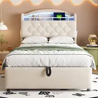 Hobby Hall Lastensänky 90 × 200 CM, LED- ja USB-portit, sängynpääty säilytystilalla, samettia, beige