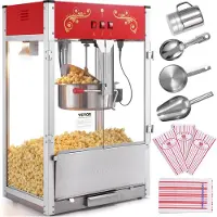 Vevor -popcorn-kone, 1615 W:n popcorn-popper-kone, 16 unssin vedenkeitin, suurikapasiteettinen pöytätasolle tarkoitettu popcorn-kone karkaistulla lasilla, sisältää 3 ruostumattomasta teräksestä valmist