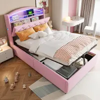 Hobby Hall Lastensänky 90 × 200 cm, LED-valolla ja USB-portilla, sängynpääty säilytystilalla, samettikangas, pinkki