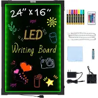 Vevor LED-kirjoitustaulu, 24 x 16 tuuman valaistu pyyhittävä liitutaulu, neonvaloefektivalikko, piirustustaulu 8 fluoresoivalla liitutussilla ja kaukosäätimellä, testattu UL-standardien mukaisesti