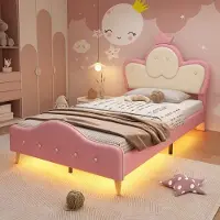 Hobby Hall Sänky 90x200CM, LED-valonauha, kruununmuotoinen sängynpääty, lastensänky, PU-materiaalia, pinkki