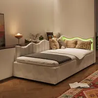 Hobby Hall Hydraulinen vuodesohva lasten sänky LED-valaistuksella ja aaltoilevalla päädyllä, 90x200cm, luonnonvalkoinen teddy sametti, ilman patjaa