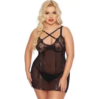 SoftLine Collection Musta läpinäkyvä yömekko Cornelia Plus Size pitsillä 3xl, jausmingas ir elegantiškas naktinių rūbų komplektas - xxxl