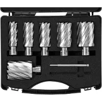 Vevor rengasleikkurisarja, 6 kpl Universal Shank Mag -poranterät, 2" leikkaussyvyys, 1" - 2" leikkaushalkaisija, M2AL High Speed ​​-teräs, 2 ohjaustappia ja kannettava kotelo, käytettäväksi magneettip