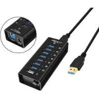 NÖRDIC 8-porttinen virtakeskitin USB-A 3.0 5Gbps kytkimellä 1.2m kaapeli alumiinimusta virtalähteellä