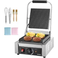 Vevor -ammattimainen panini-grilli, 1800 W:n sähköinen voileipäpanini-kone, ruostumattomasta teräksestä valmistettu voileipägrilli kahvalla ja lämpötilan säädöllä, 22x23 cm:n litteä emalilevy, hampuril