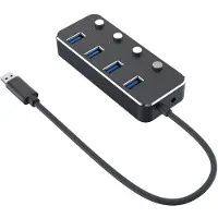 NÖRDIC -virtalähde 4-porttinen hub USB 3.0 5Gbps yksittäisellä kytkimellä 25cm kaapeli alumiinimusta virtalähteellä