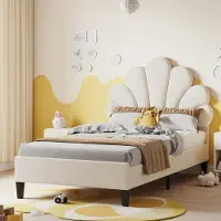 Hobby Hall Lastensänky kukkamaisella sängynpäädyllä,verhoiltu velourkankaalla, 90x200, beige, ONE SIZE