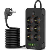 Tech-Protect PC6X6 Virtapistoke - 3 USB-A, 3 USB-C, 6 pistorasiaa, 200cm:n kaapeli - musta