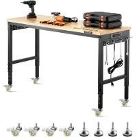 Vevor 1524 mm säädettävä työpöytä, 907 kg kuorma, työpöytä pistorasialla, pyörillä ja reikälevyllä, kestävä tammipuinen työpöytä autotalliin, työpajaan, toimistoon ja kotiin