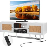 Vevor rottinki-TV-taso 65 tuuman televisiolle, boheemi TV-taso rottinkiovella, viihdekeskus sisäänrakennetulla pistorasialla ja USB-porteilla, moderni TV-konsoli olohuoneeseen, mediahuoneeseen, valkoi