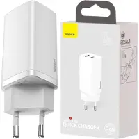 Baseus 65W seinälaturi USB-C ja USB-A - valkoinen