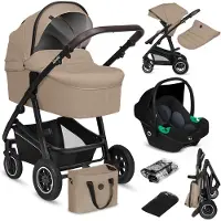 Lionelo Lastenrattaat 3in1 jopa 22 kg, vaunukoppa + istuin + turvakaukalo, ilmatäytteiset renkaat, jousitus, 360° pyörät, XXL-kuomu – Bianka Beige Sand