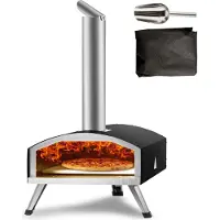 Vevor ulkopizzauuni, 12-tuumainen, puupelletti- ja hiilikäyttöinen pizzakeitin, kannettava ruostumattomasta teräksestä valmistettu pizzagrilli pizzakivellä, vedenpitävä kansi, lapio, puupoltin takapih