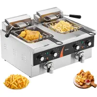 Vevor ammattikäyttöön tarkoitettu uppopaistin, kaksoissäiliöinen 3500 W:n sähköinen pöytämallinen uppopaistin, 2 x 9 Qt / 8,5 L kaksoisöljykeitin kahdella korilla, 1 mm paksua ruostumatonta terästä, a
