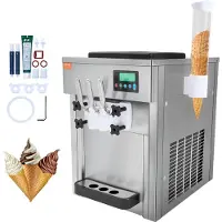 Vevor -jäätelökone ammattikäyttöön, 21 qt/h teho, 1800 W:n 3-makuinen pöytämallin pehmisjäätelökone, 2 x 4 litran suppilo, 2 x 1,8 litran sylinteri, LCD-näyttö, automaattinen puhdistus, esijäähdytys, r
