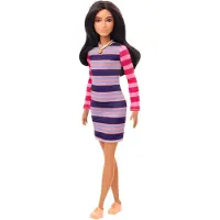 Barbie Fashionistas -nukke #147, jolla on pitk t brunettetukka ja raidallinen mekko, oranssit keng t ja kaulakoru, 3 8-vuotiaille lapsille