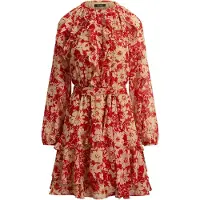Ralph Lauren Print Ruffle-Trim Georgette Tiered Dress - Red - 40