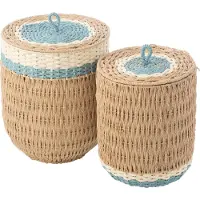 J-Line Set Of 2 Basket With Lid Striped Paper Natural/Light Blue - Blue - ONE SIZE