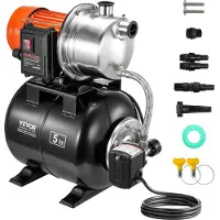 Vevor 745 W (1 hv) matalakaivopumppu painesäiliöllä, 63 l/min (1000 GPH), automaattinen kasteluveden tehostuspumppu 40 m (130 jalkaa) nostokorkeudella, 1,4/2,8 bar (20/40 PSI) painekytkin, 304 ruostum