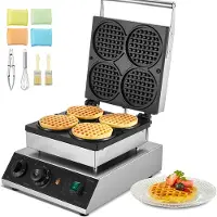 Vevor -vohvelirauta kaupalliseen käyttöön, 4 kpl pyöreitä vohveleita, 1750 W:n tarttumaton ruostumattomasta teräksestä valmistettu belgialainen vohvelirauta lämpötilan ja ajan säädöllä, ravintola-leipo