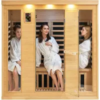 Vevor Kaukoinfrapunapuusauna, Huonekotikylpylä 3-4 hengelle, Matala EMF Kaukoinfrapuna Hemlock-puusauna karkaistulla lasiovella ja Bluetooth-kaiuttimilla ja kromoterapiavaloilla, 2580 W sisätiloihin
