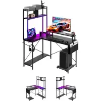 Vevor L-muotoinen pelipöytä LED-valoilla, 1,2 m käännettävä kulmatietokonepöytä näyttötelineellä, pistorasioilla, siirrettävä CPU-teline ja hylly, moderni tyylikäs PC-pelipöytä kotitoimistoon
