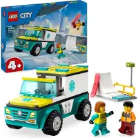LEGO City H t ambulanssi ja lumilautailija -lelusetti lapsille. Lumilautailijan ja ensihoitajan minihahmot. Mielikuvituksellinen roolileikkileikk