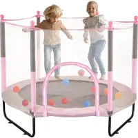Vevor 60" lasten trampoliini, 5ft sisä- ja ulkotrampoliini, mini-taaperoiden virkistystrampoliini turvaverkolla ja koripallokorilla, syntymäpäivälahjat, joululelut yli 3-vuotiaille lapsille, vaaleanpu