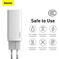 Baseus 65W seinälaturi USB-C ja USB-A - valkoinen