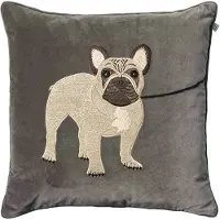 Chhatwal & Jonsson Embroidered French Bull Dog Cushion Cover 50x50 Cm - Koristetyynyt & Suojukset Sametti Harmaa - CC940113-12V
