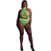 Ouch! - UV-valossa hohtava alusasusetti, vihreä, Plus Size, joustava, monikäyttöinen, seksikäs