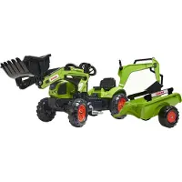 Falk Claas Arion 410 -polkutraktori kärryllä ja etukuormaajalla,