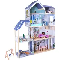 Ecotoys Puinen nukkekoti huonekaluilla ja hissillä